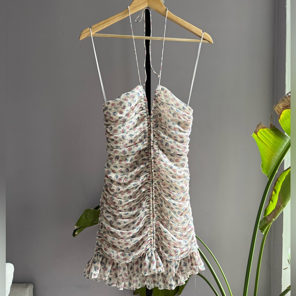 ZARA Metallic Floral Ruched Halter Mini Dress women’s XS NWT - Picture 9 of 15